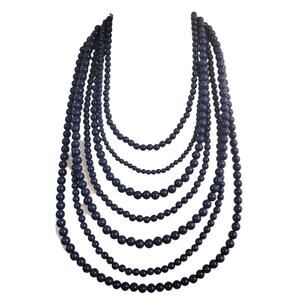 7 Strand Navy Blue Beaded Dramatic Necklace Waterfall Layered Statement Classic